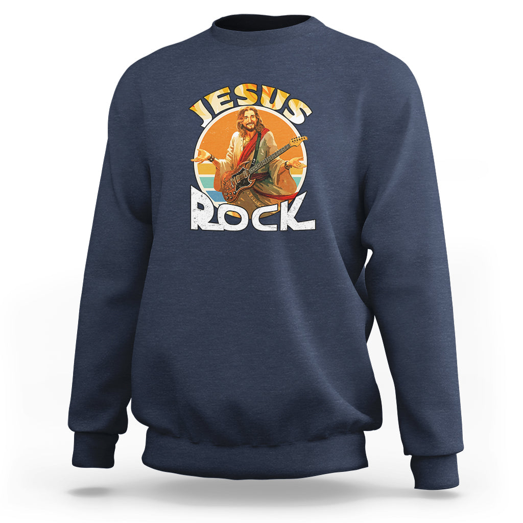 Navy crewneck sweatshirt with 'Jesus Rock' front graphic