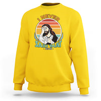 Daisy yellow crewneck sweatshirt with circular Jesus graphic and text on front.