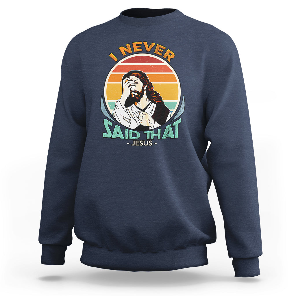 Navy crewneck sweatshirt with circular Jesus graphic and text on front.