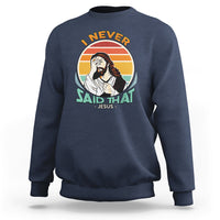 Navy crewneck sweatshirt with circular Jesus graphic and text on front.