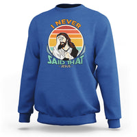 Royal blue crewneck sweatshirt with circular Jesus graphic and text on front.