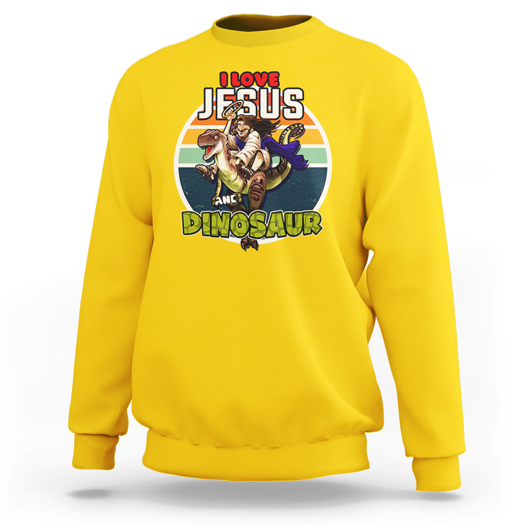 Daisy yellow crewneck sweatshirt with colorful Jesus and dinosaur graphic on chest