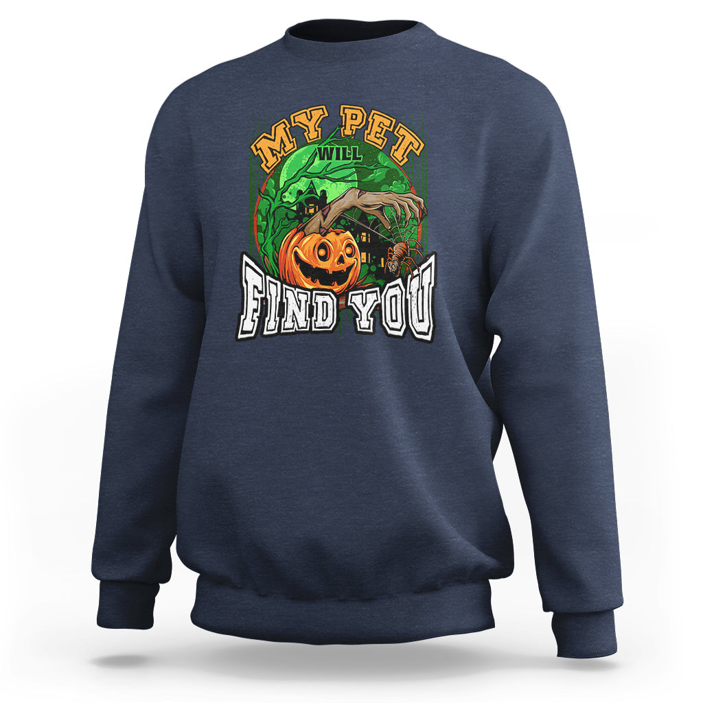Blue Halloween sweatshirt with front graphic of a jack-o’-lantern and text “FIND YOU”.
