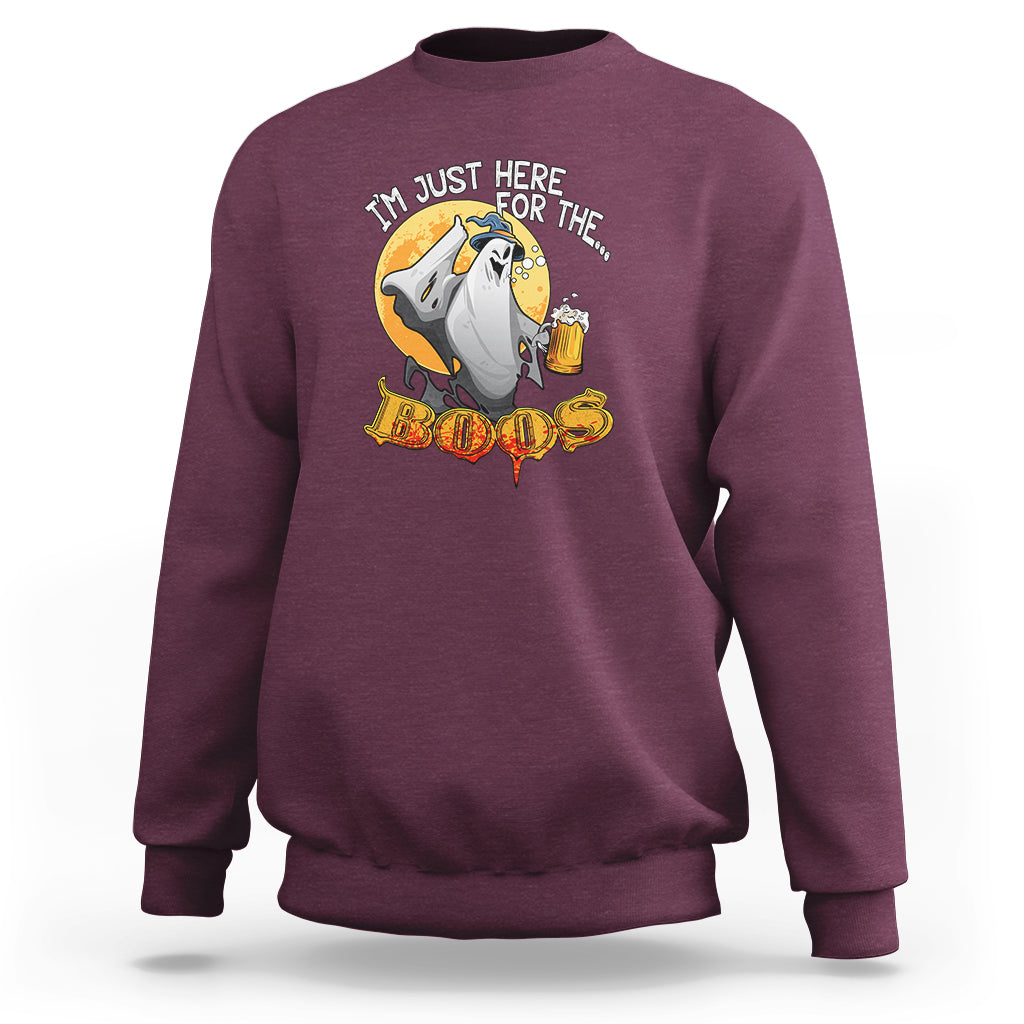 Maroon crewneck sweatshirt with front 'BOOS' ghost graphic