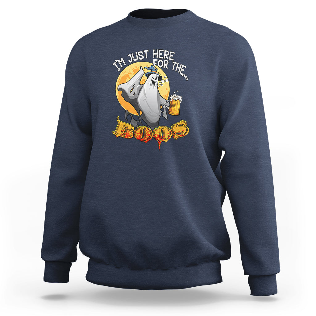 Slate blue crewneck sweatshirt with front 'BOOS' ghost graphic