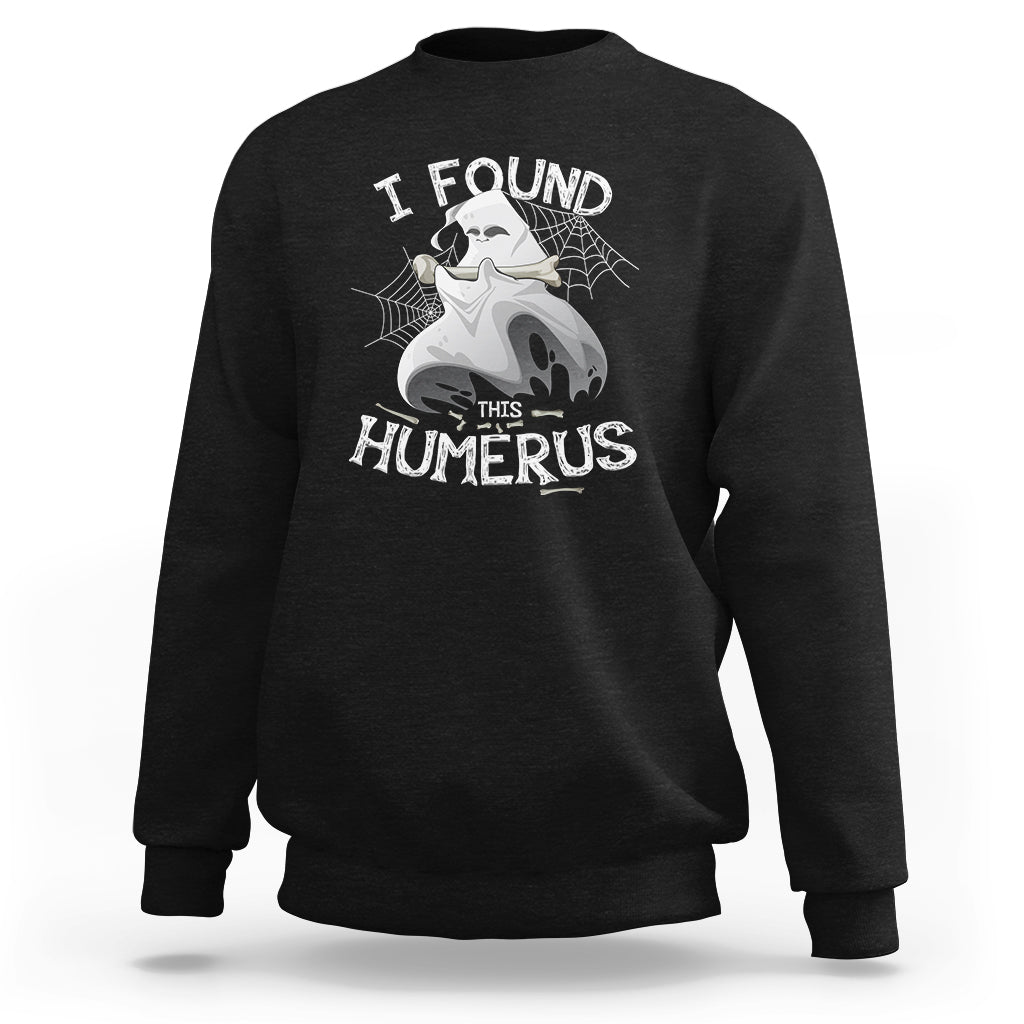 Charcoal gray sweatshirt with front “I FOUND THIS HUMERUS” skeleton and spiderweb graphic