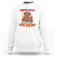 White crewneck sweatshirt with teddy bear “ERROR 404” “COSTUME NOT FOUND” print