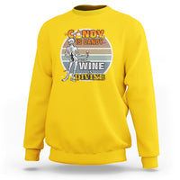 Daisy yellow vintage skeleton sweatshirt with Candy/Divine wine front graphic, long sleeves