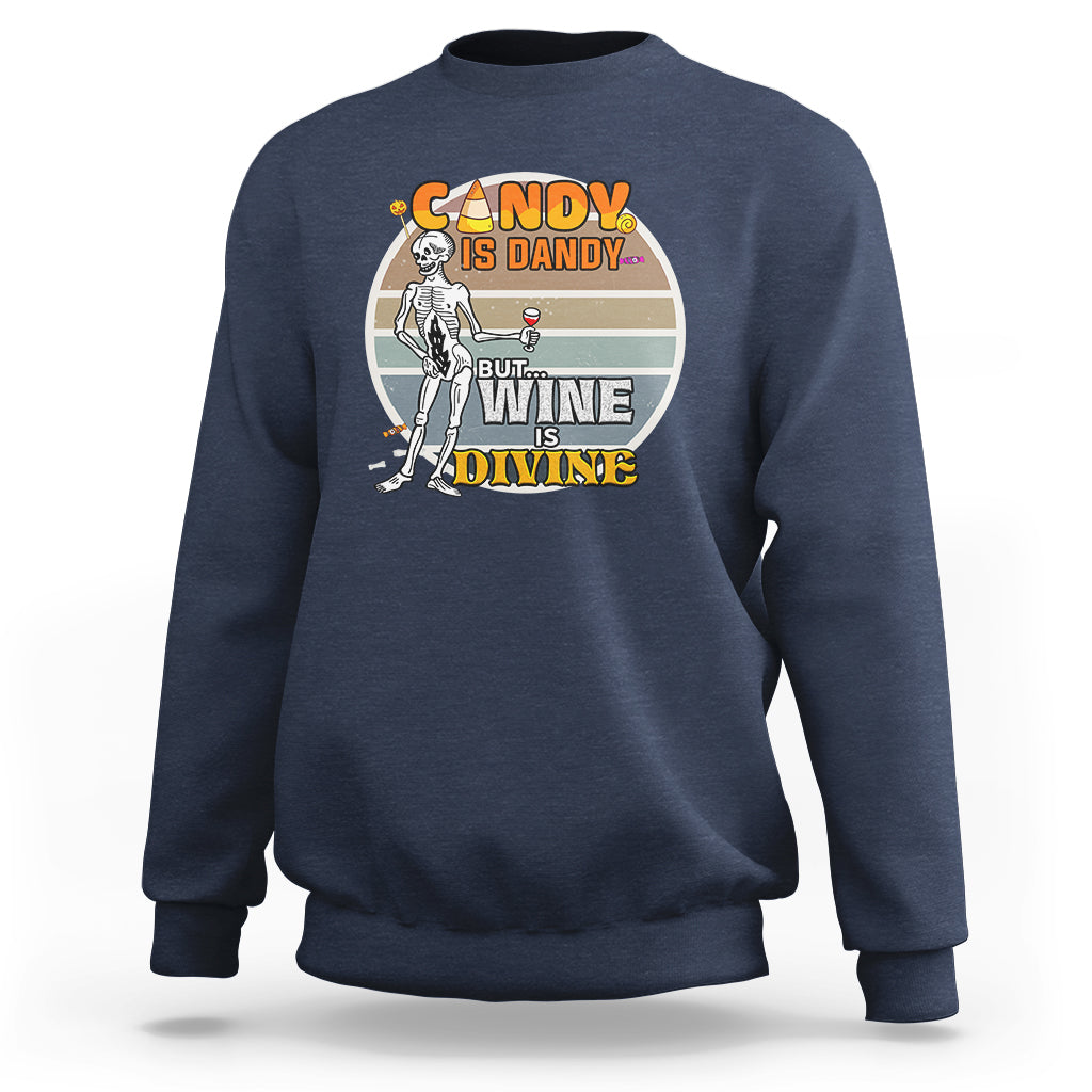 Navy vintage skeleton sweatshirt with Candy/Divine wine front graphic, long sleeves