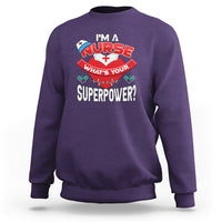 Purple nurse sweatshirt with “What’s Your Superpower?” graphic