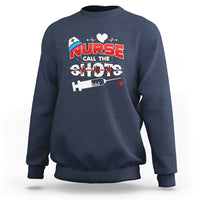 Navy nurse sweatshirt with “Call The Shots” graphic and syringe design