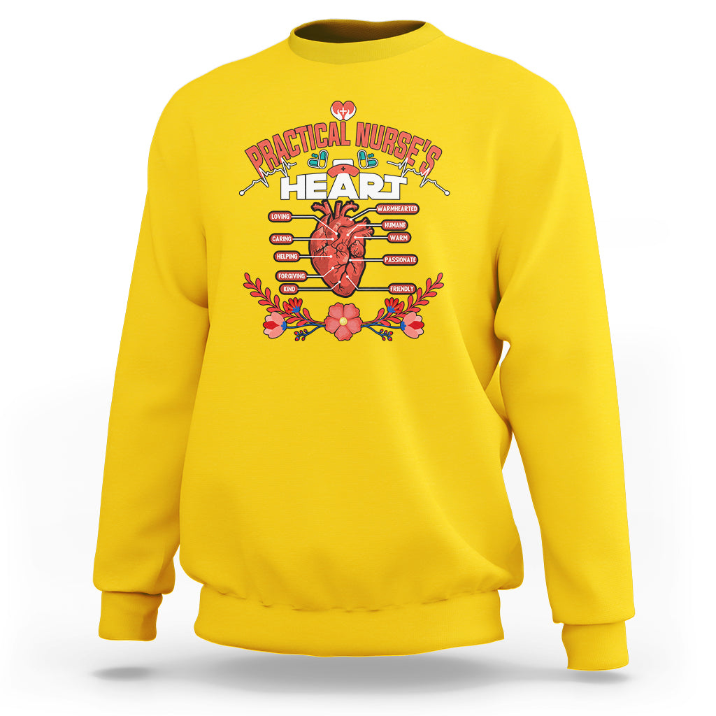 Daisy yellow nurse sweatshirt with “Practical Nurses' Heart” medical heart graphic