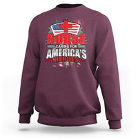 Maroon nurse sweatshirt with patriotic nurse graphic, crewneck long sleeves