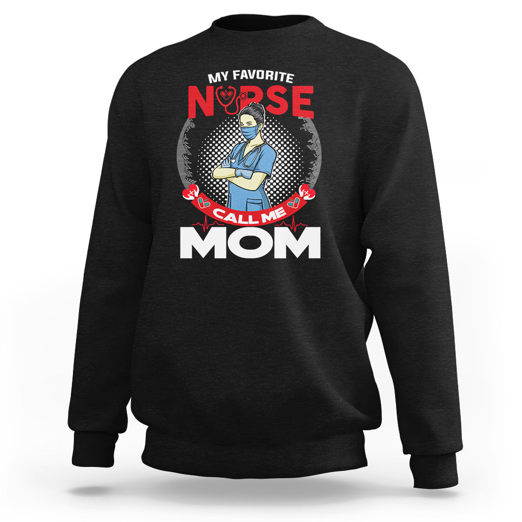 Black crewneck sweatshirt with nurse graphic and 'CALL ME MOM' text