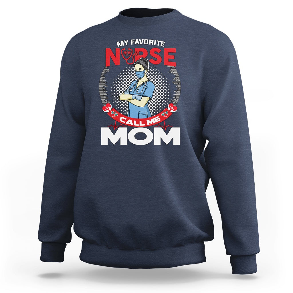 Navy crewneck sweatshirt with nurse graphic and 'CALL ME MOM' text