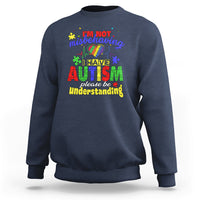 Navy autism mom sweatshirt with colorful front text graphic, “I’m not misbehaving”