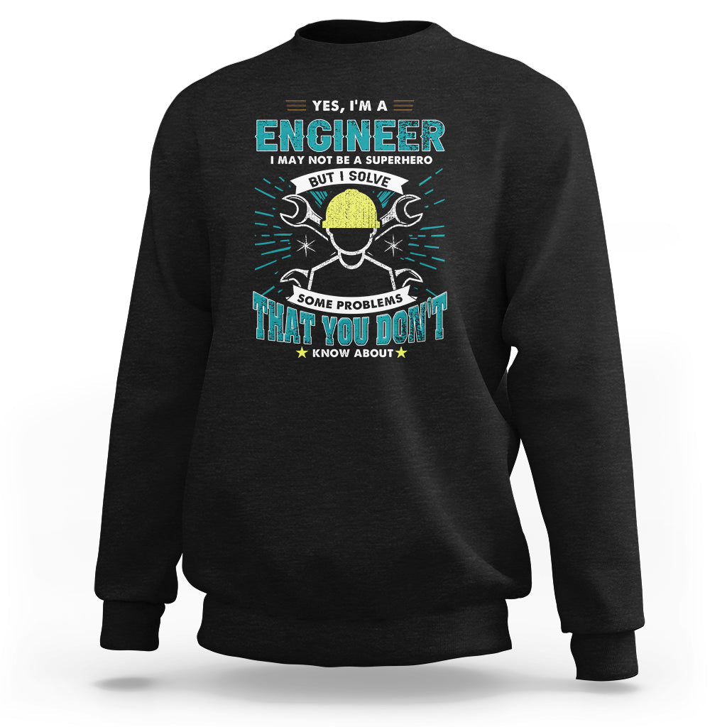 Black crewneck sweatshirt with engineer graphic and text on the chest