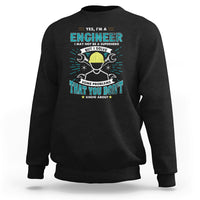 Black crewneck sweatshirt with engineer graphic and text on the chest