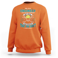 Orange crewneck sweatshirt with engineer graphic and text on the chest