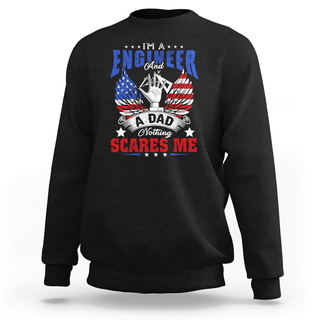 Black sweatshirt with “Engineer and a Dad” patriotic eagle graphic on front.