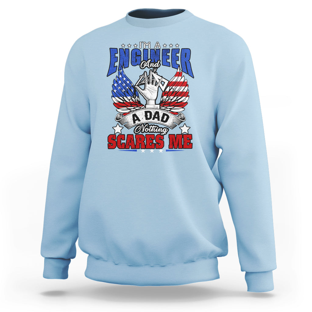 Light blue sweatshirt with “Engineer and a Dad” patriotic eagle graphic on front.