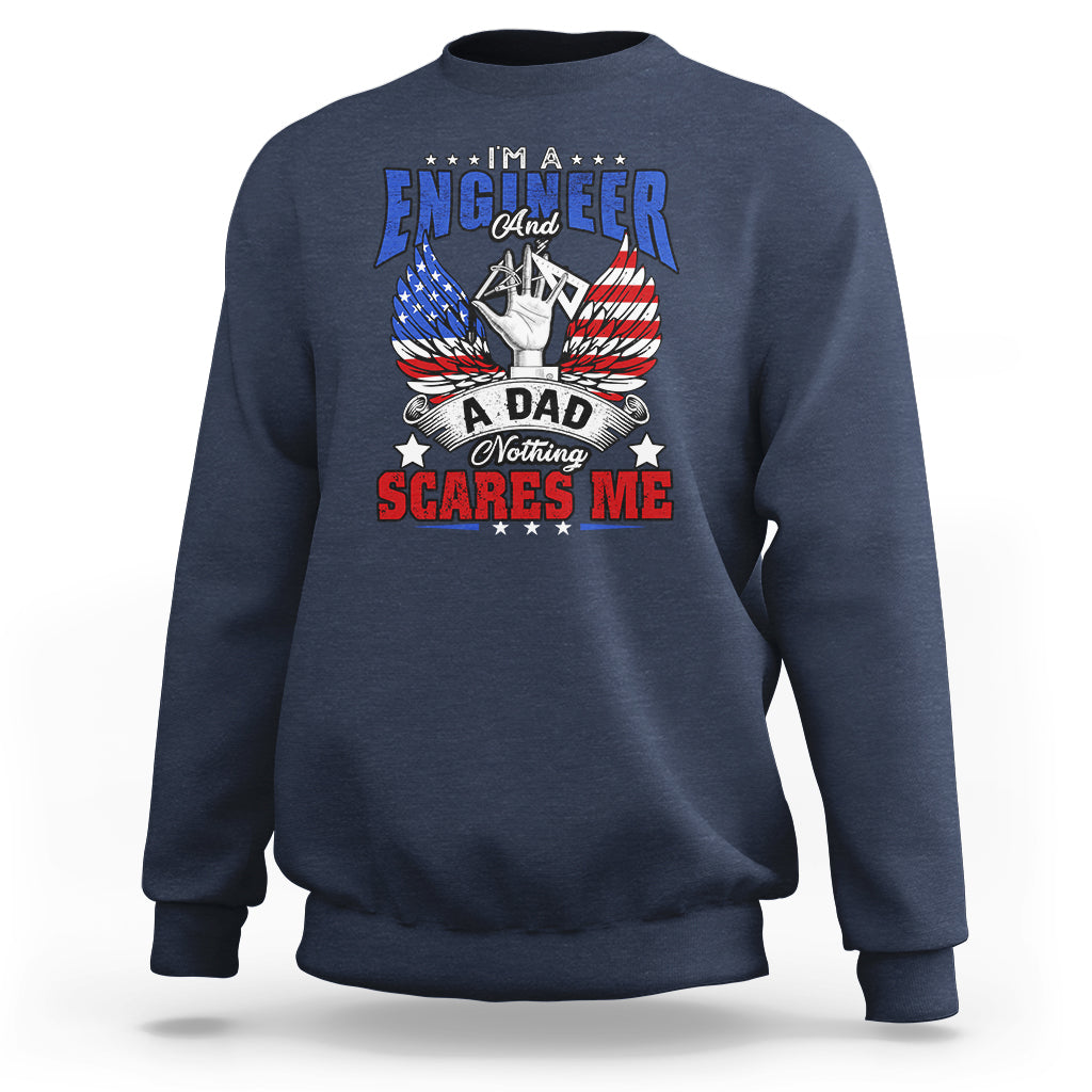 Navy sweatshirt with “Engineer and a Dad” patriotic eagle graphic on front.