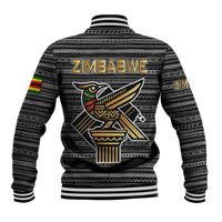 Zimbabwean Bird Statue Baseball Jacket Tribal Pattern with National Flag Patch and Heritage Symbol
