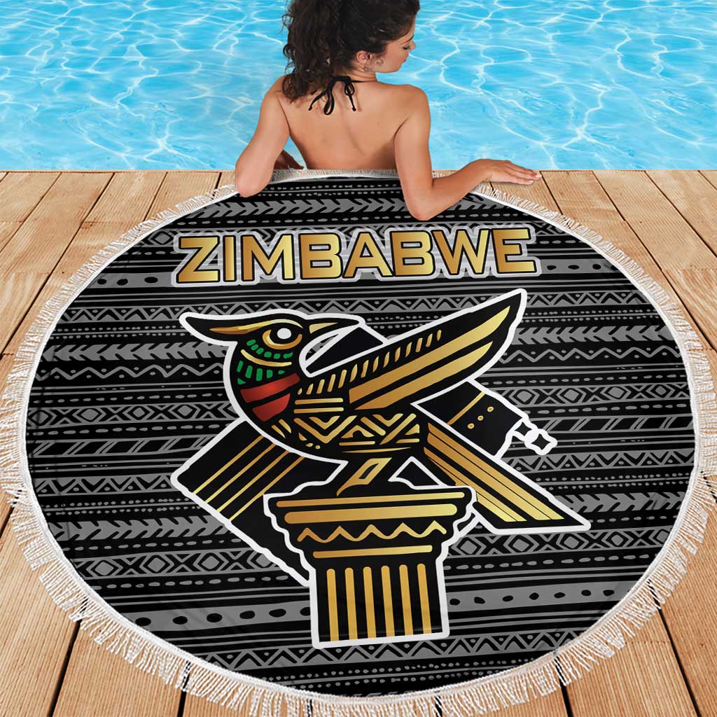 Zimbabwean Bird Statue Beach Blanket Tribal Pattern with National Flag Patch and Heritage Symbol