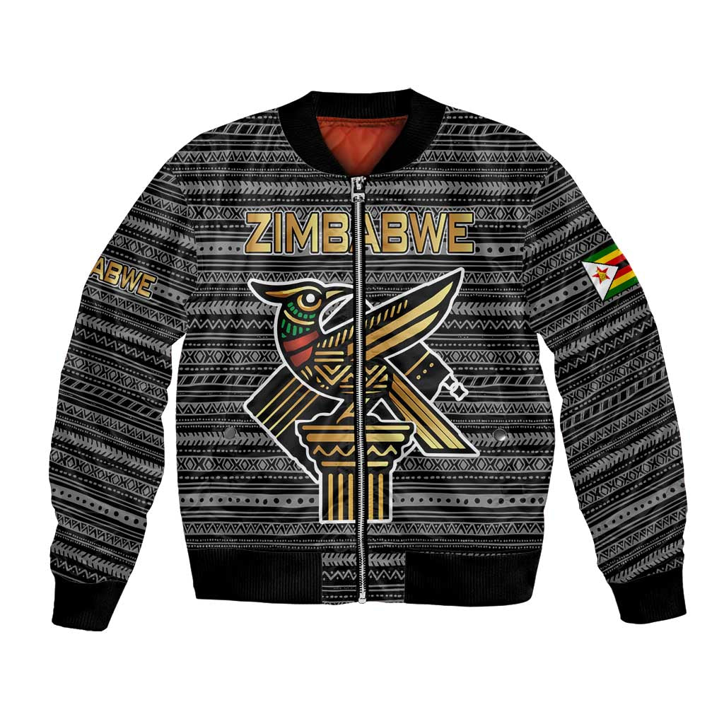 Black unisex bomber jacket with tribal pattern, Zimbabwe bird graphic, front zip.