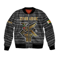 Black unisex bomber jacket with tribal pattern, Zimbabwe bird graphic, front zip.