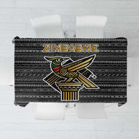 Black tribal tablecloth with Zimbabwe word patch and bird heritage emblem