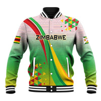Multicolor baseball jacket with geometric flag graphics, front button placket, ribbed cuffs
