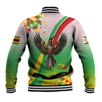 Multicolor baseball jacket with eagle graphic on back, ribbed striped collar and hem