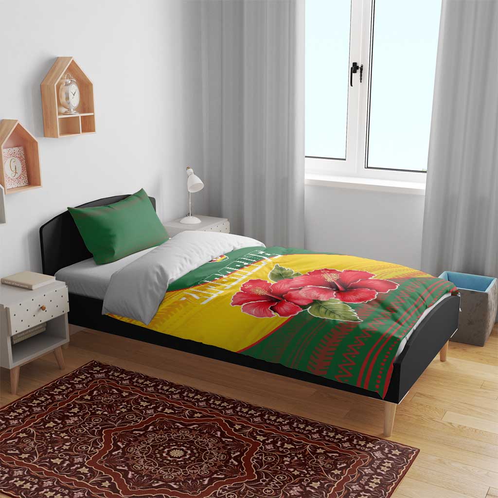 Zimbabwe Flag Map and Red Hibiscus Flowers Bedding Set with African Tribal Pattern