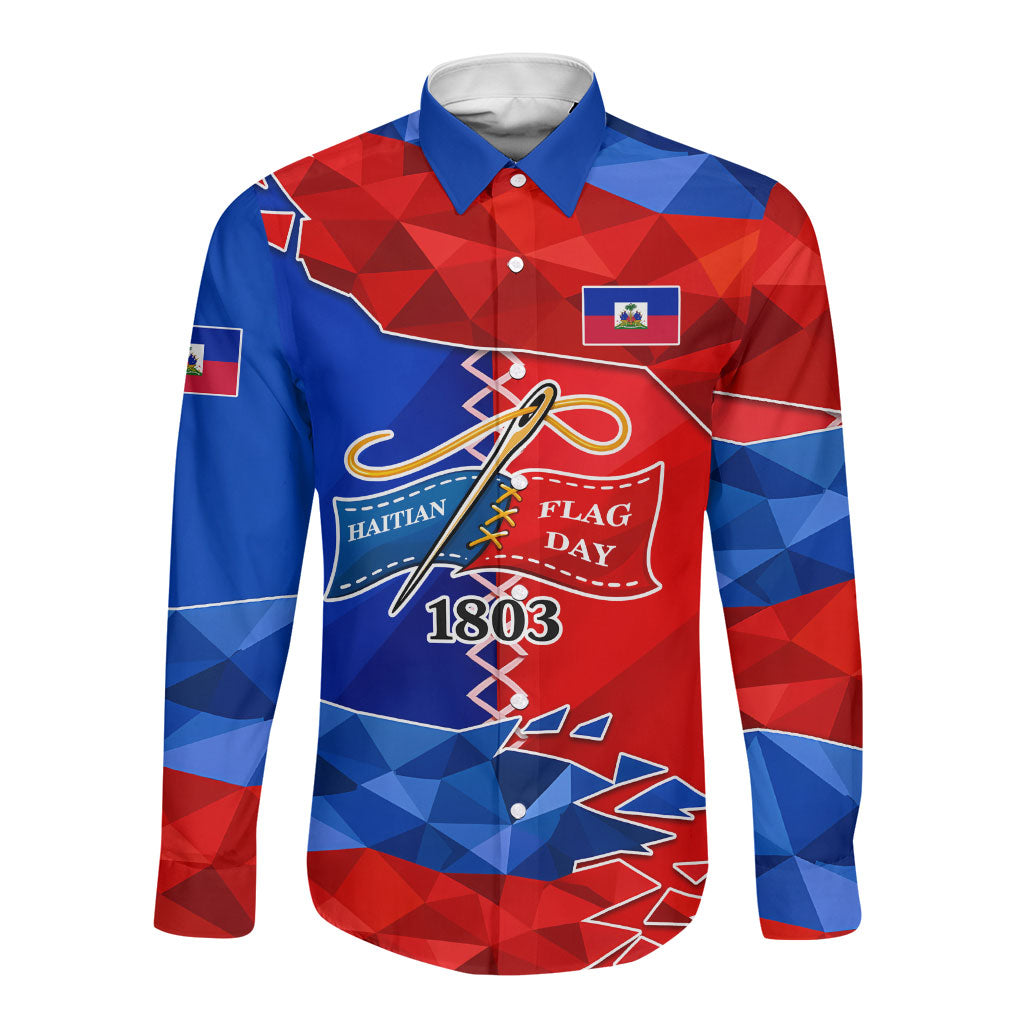 Haiti Flag Day Arcahaie 1803 Long Sleeve Button Shirt Geometric Low Poly Flag Art - Birthplace Of Liberty Graphic