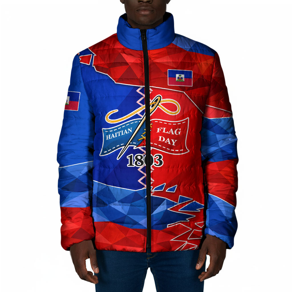 Haiti Flag Day Arcahaie 1803 Padded Jacket Geometric Low Poly Flag Art - Birthplace Of Liberty Graphic