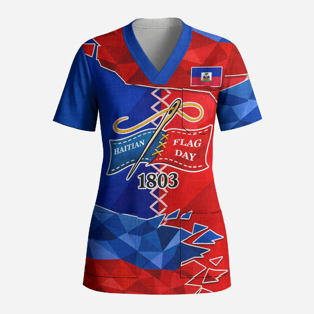 Haiti Flag Day Arcahaie 1803 Scrub Top Geometric Low Poly Flag Art - Birthplace Of Liberty Graphic