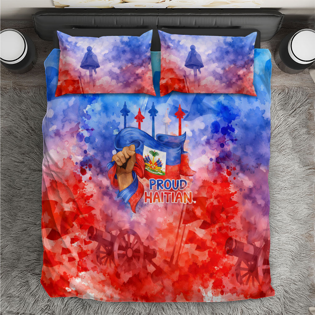 Proud Haitian Flag Day L Union Fait La Force Bedding Set Artistic Watercolor Heritage Design With Raised Fist And Flag