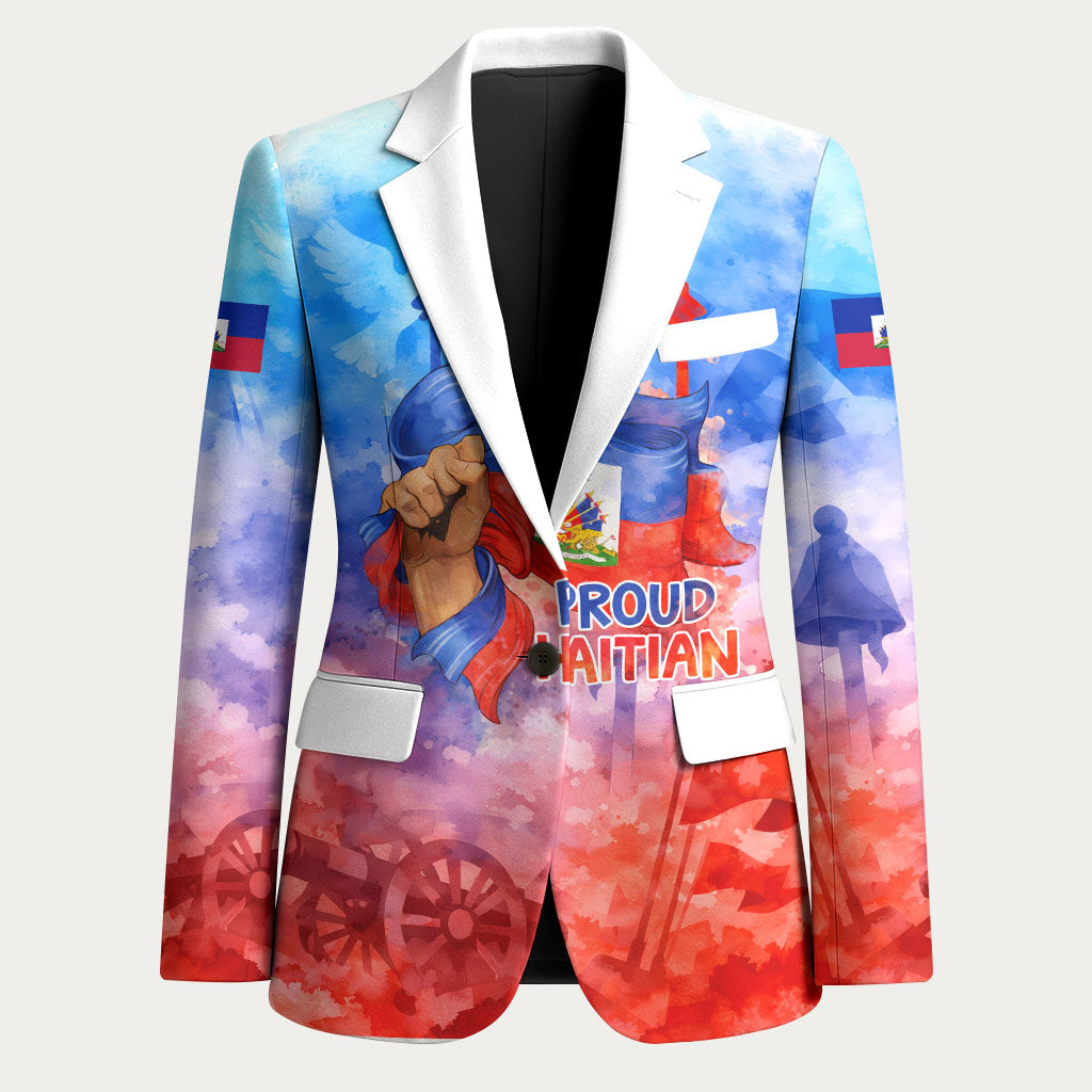 Proud Haitian Flag Day L Union Fait La Force Blazer Artistic Watercolor Heritage Design With Raised Fist And Flag