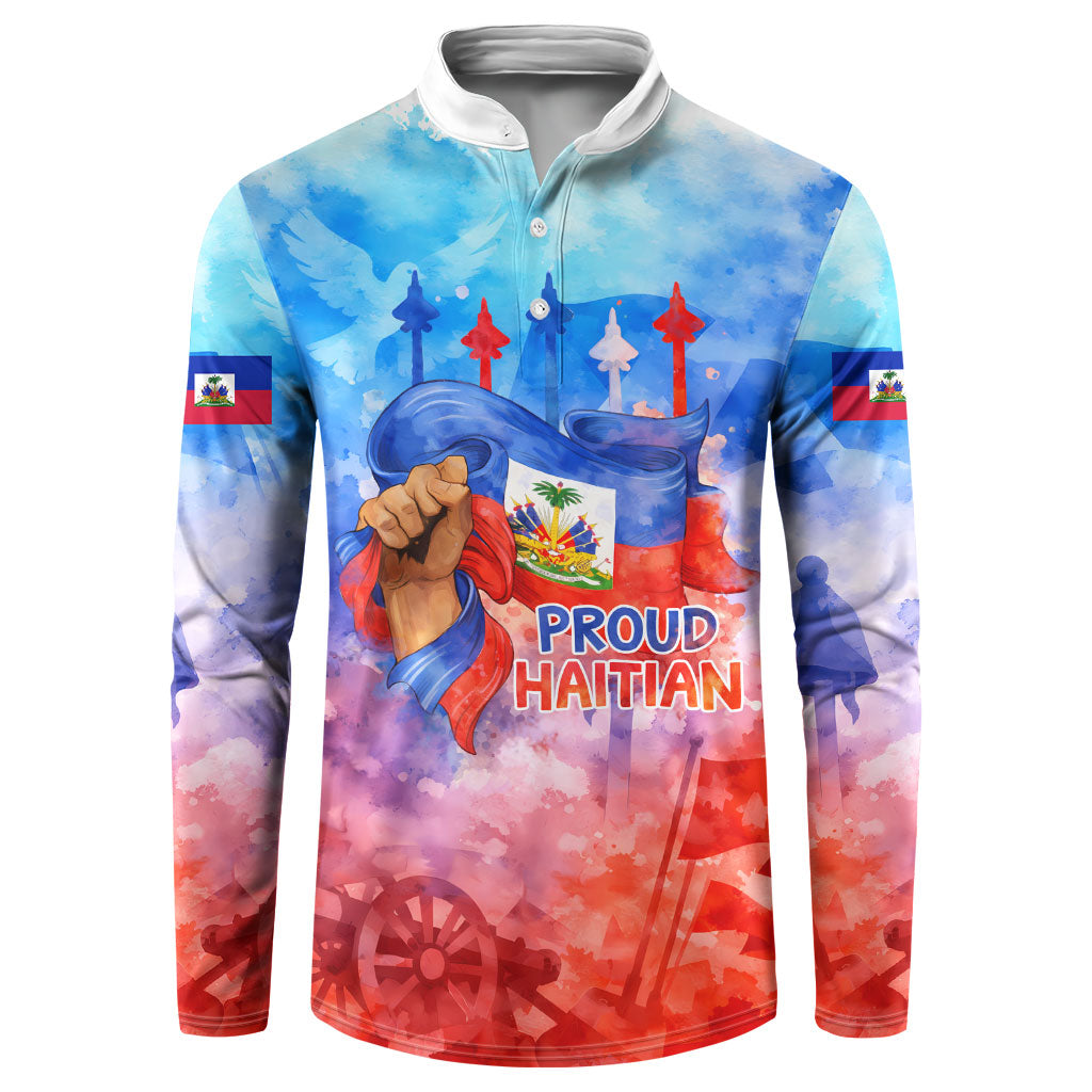 Proud Haitian Flag Day L Union Fait La Force Button Sweatshirt Artistic Watercolor Heritage Design With Raised Fist And Flag