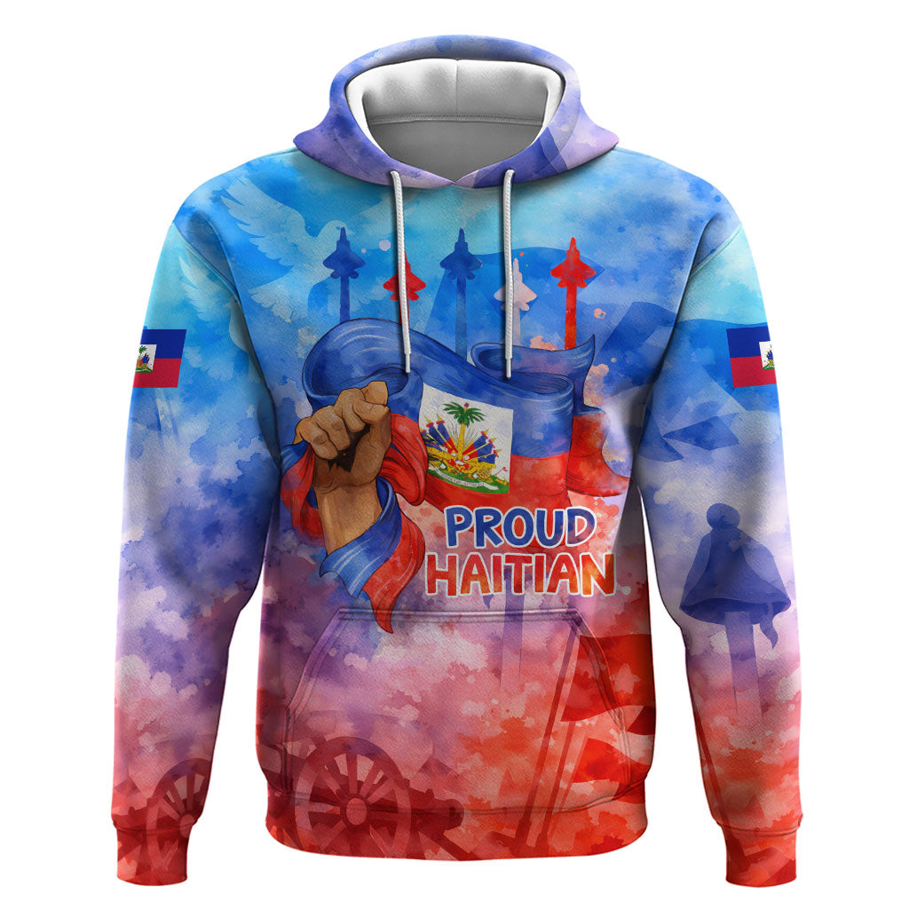 Proud Haitian Flag Day L Union Fait La Force Hoodie Artistic Watercolor Heritage Design With Raised Fist And Flag