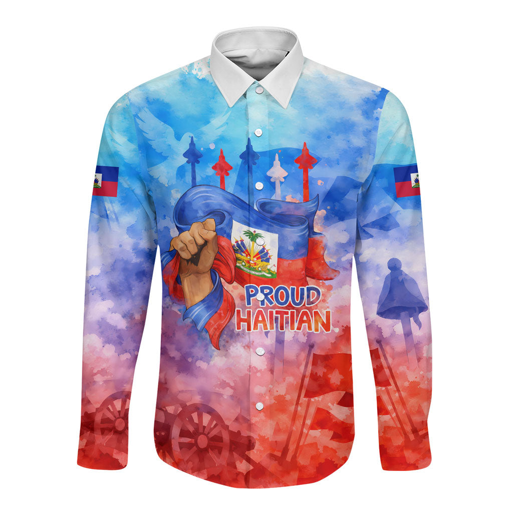 Proud Haitian Flag Day L Union Fait La Force Long Sleeve Button Shirt Artistic Watercolor Heritage Design With Raised Fist And Flag