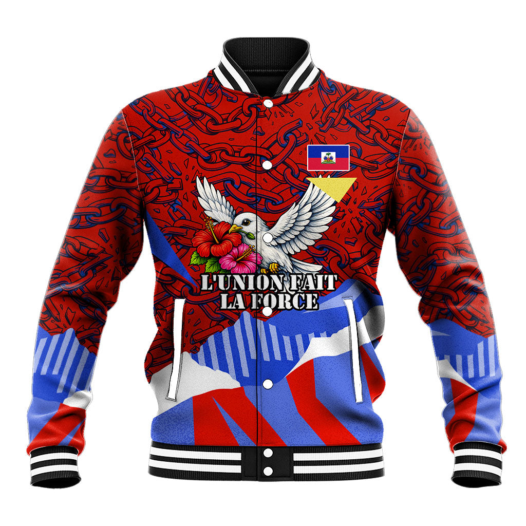 Haiti Flag Day Soul Of The Free L Union Fait La Force Baseball Jacket Peace Dove And Power Fist Art With Hibiscus And Broken Chains