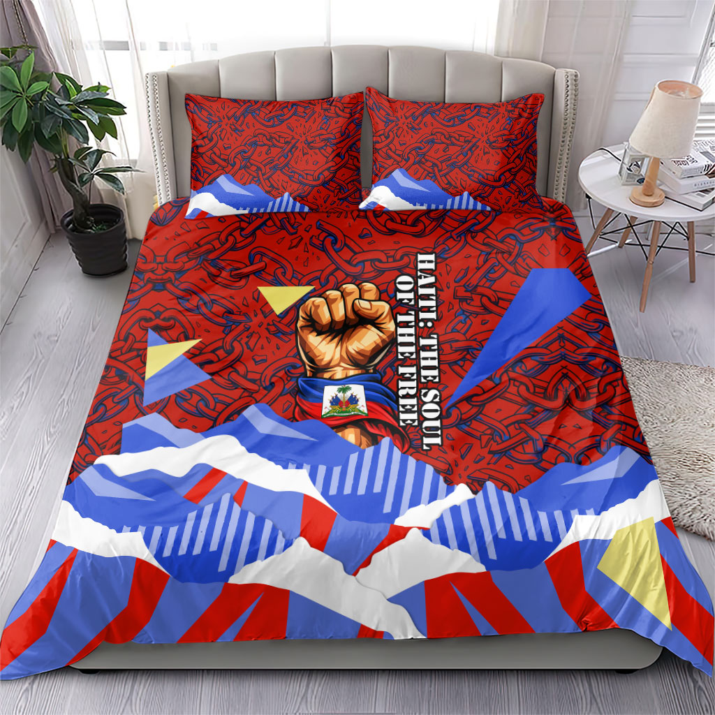 Haiti Flag Day Soul Of The Free L Union Fait La Force Bedding Set Peace Dove And Power Fist Art With Hibiscus And Broken Chains