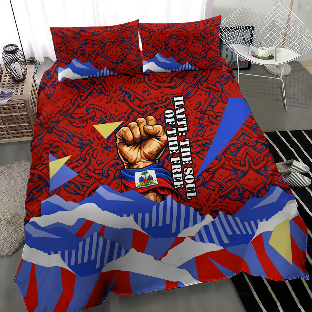 Haiti Flag Day Soul Of The Free L Union Fait La Force Bedding Set Peace Dove And Power Fist Art With Hibiscus And Broken Chains