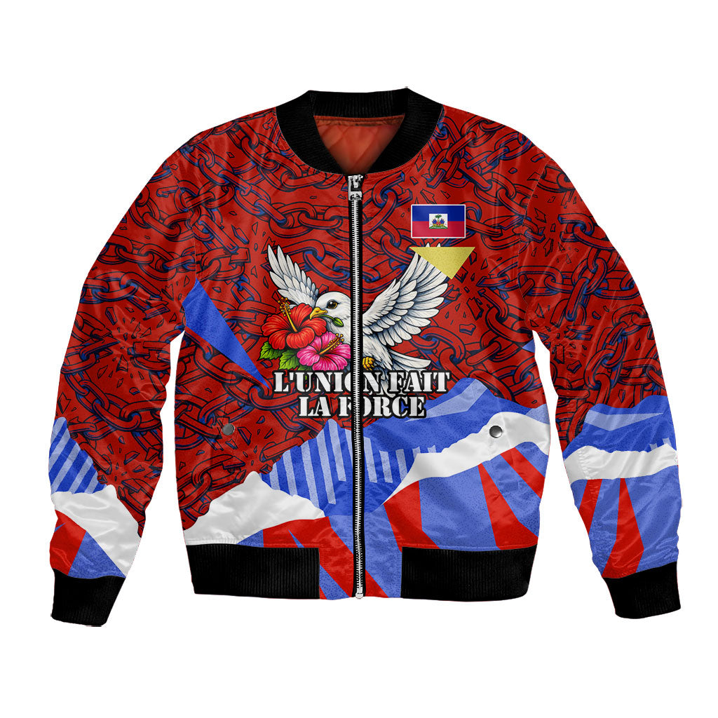 Haiti Flag Day Soul Of The Free L Union Fait La Force Bomber Jacket Peace Dove And Power Fist Art With Hibiscus And Broken Chains