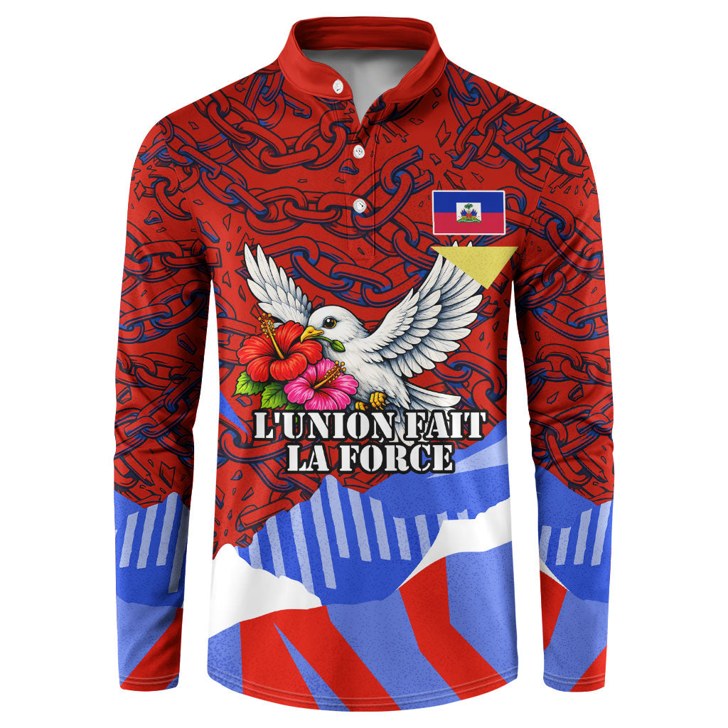 Haiti Flag Day Soul Of The Free L Union Fait La Force Button Sweatshirt Peace Dove And Power Fist Art With Hibiscus And Broken Chains