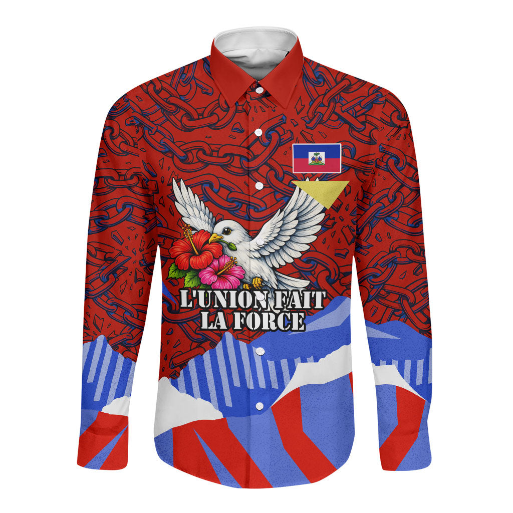 Haiti Flag Day Soul Of The Free L Union Fait La Force Long Sleeve Button Shirt Peace Dove And Power Fist Art With Hibiscus And Broken Chains
