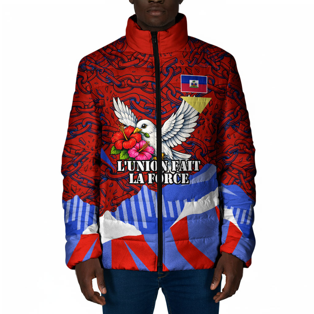 Haiti Flag Day Soul Of The Free L Union Fait La Force Padded Jacket Peace Dove And Power Fist Art With Hibiscus And Broken Chains