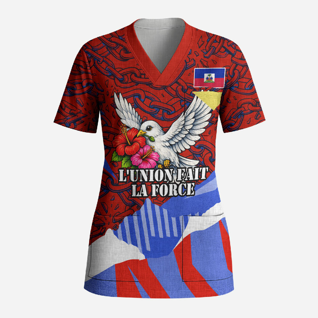 Haiti Flag Day Soul Of The Free L Union Fait La Force Scrub Top Peace Dove And Power Fist Art With Hibiscus And Broken Chains